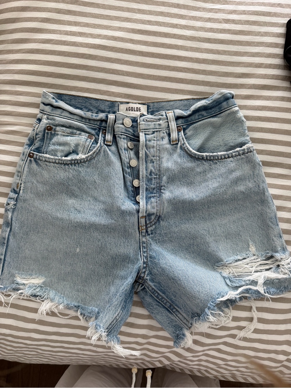 Agolde Light Blue Distressed Button-Fly Denim Shorts